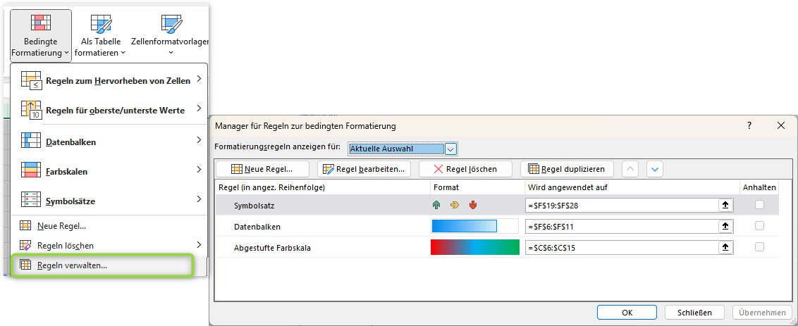 Screenshot_Regeln-verwalten Screenshot Excel gespeicherte Formatierungs-Regeln