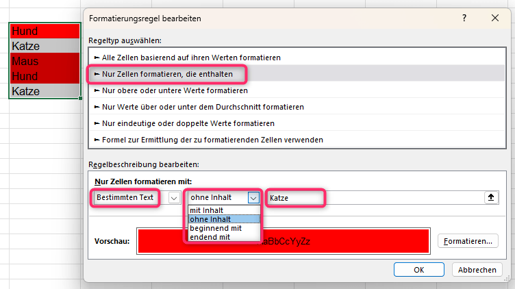 Screenshot_Textinhalt Screenshot Excel Hervorhebung ohne Textinhalt